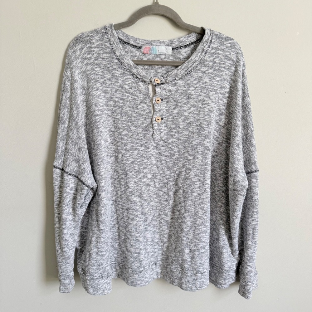 Free People FP Beach Sleep To Dream Henley Knit Top Grey Marled Long Sleeve S